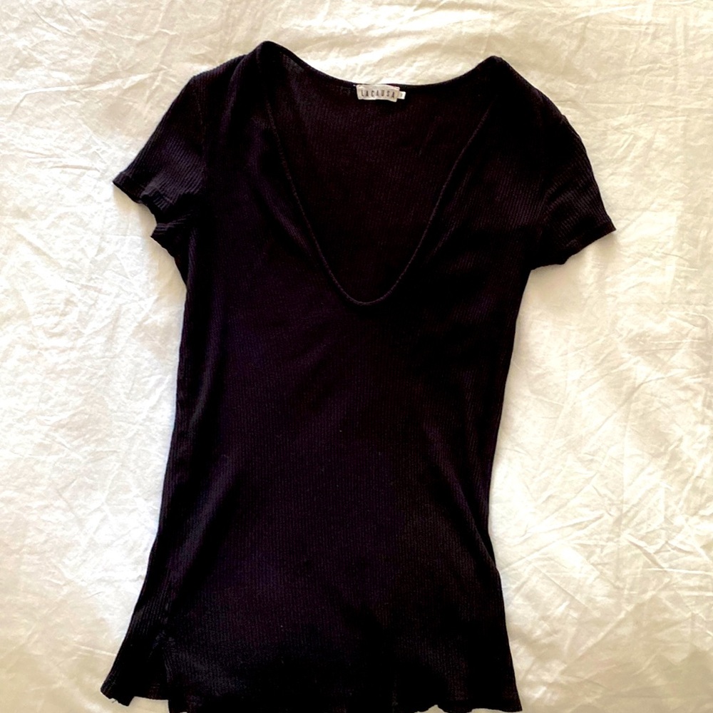 LACUSA Black 100%Cotton Deep V Neck Tee